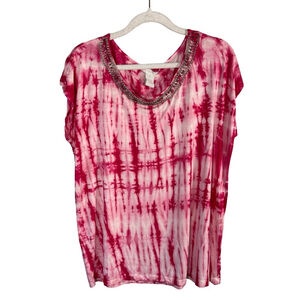 Design History Pink Berry Tie-Dye Beaded Top Size XL Boho Festival Casual